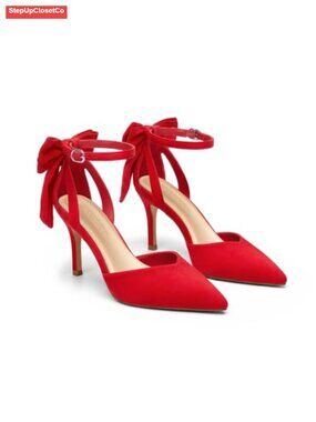 Kitten Heels Closed Pointed Toe Pumps Bow Ankle Strap Dress Shoes